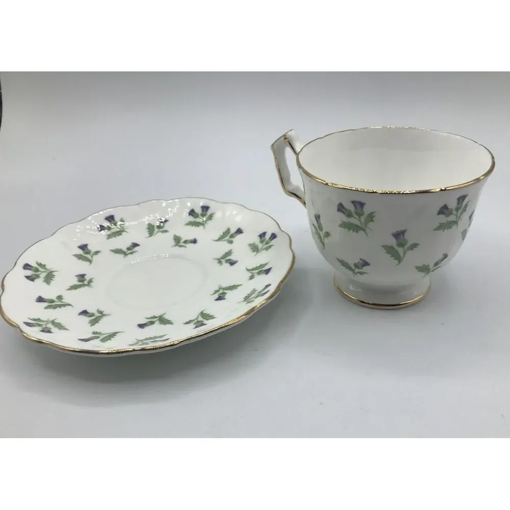 Aynsley Cup & Saucer Fine Bone China Footed w Purple Flowers Gold Trim‎